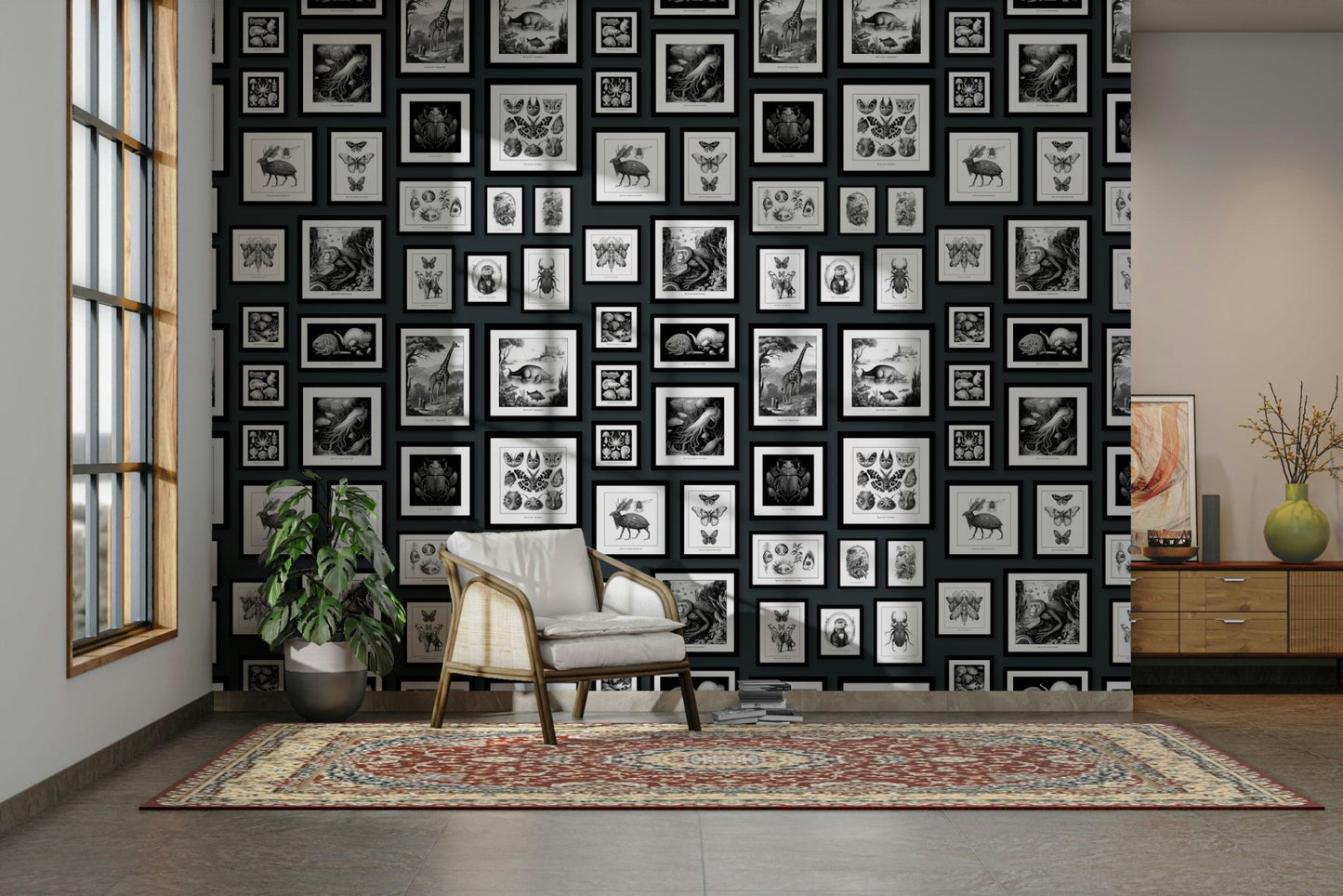 Storybook creature wallpaper on deep grey base

