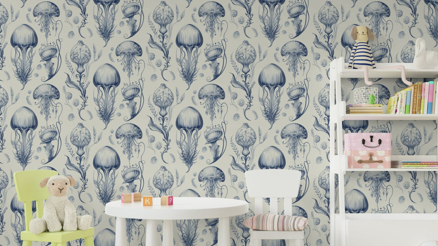 Fantastic Jellyfish - Delft Blue & Cream wallpaper for unique decor

