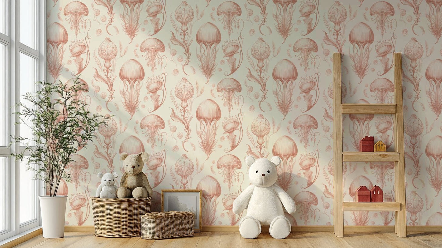 Aquatic peach and cream jellyfish wallpaper for living rooms

