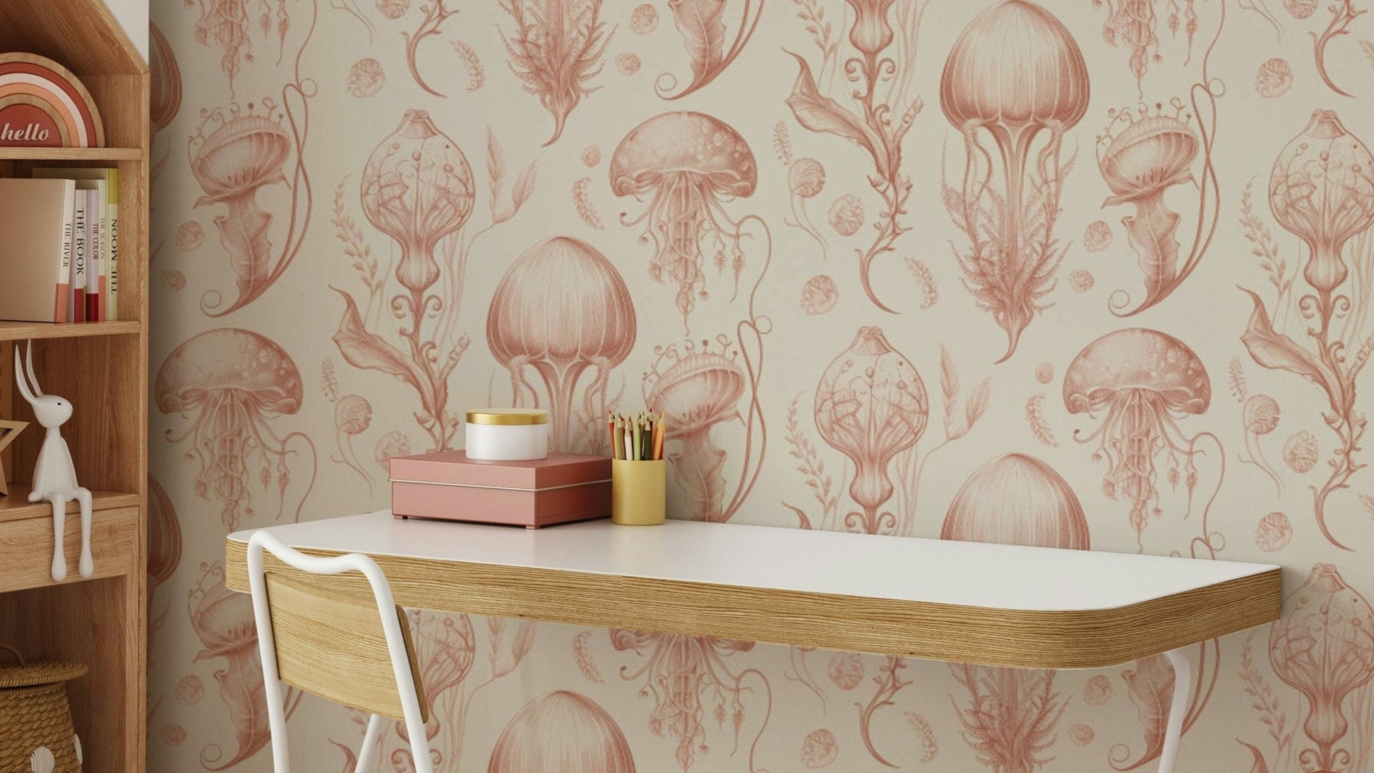 Fantastic Jellyfish Wallpaper in peaches and cream tones

