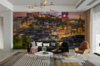 Edinburgh city at sunset with glowing lights mural

