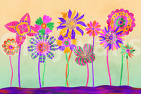 Whimsical Fantasy Flowers wallpaper mural close-up showing bold pink, purple and yellow blooms on a cream to mint gradient