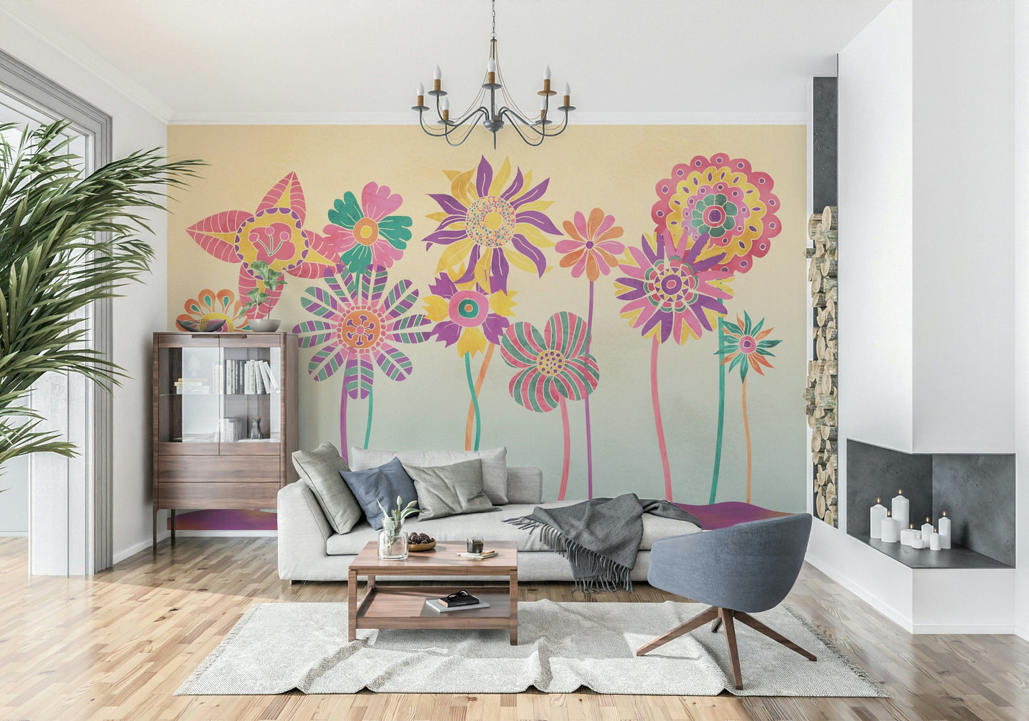 Whimsical Fantasy Flowers wallpaper mural of colourful blooms behind a grey sofa and blue swivel chair in a modern living room