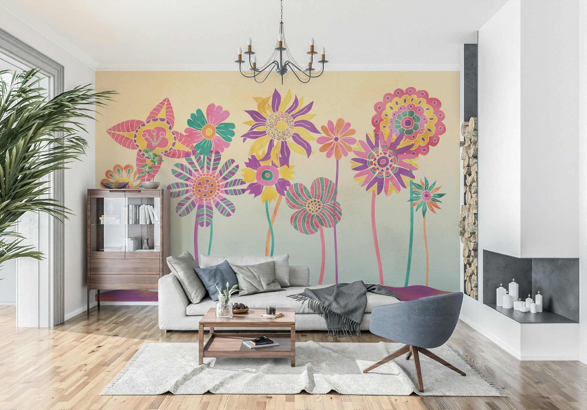 Whimsical Fantasy Flowers wallpaper mural of colourful blooms behind a grey sofa and blue swivel chair in a modern living room