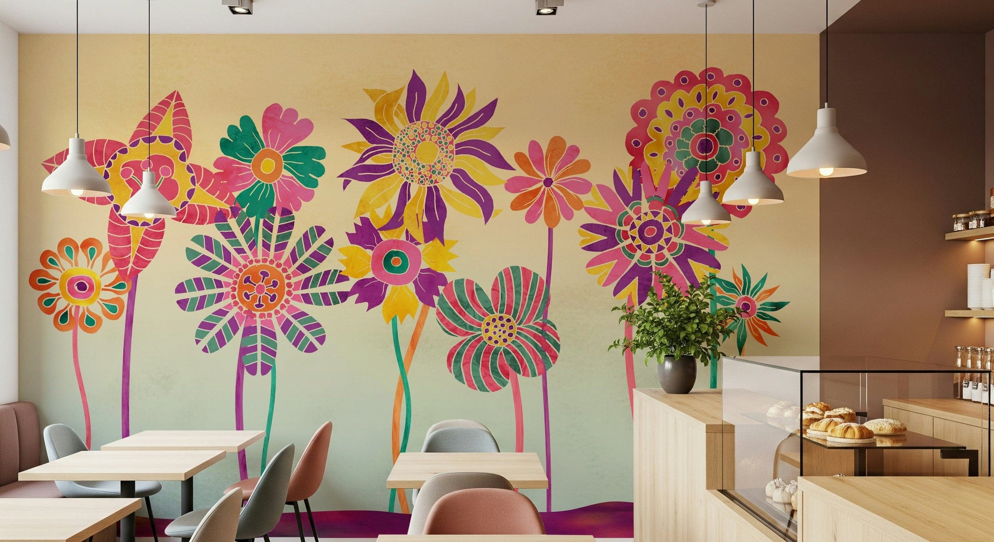 Whimsical Fantasy Flowers wallpaper mural of vivid stylized flowers behind light wood tables and chairs in a bright cafe