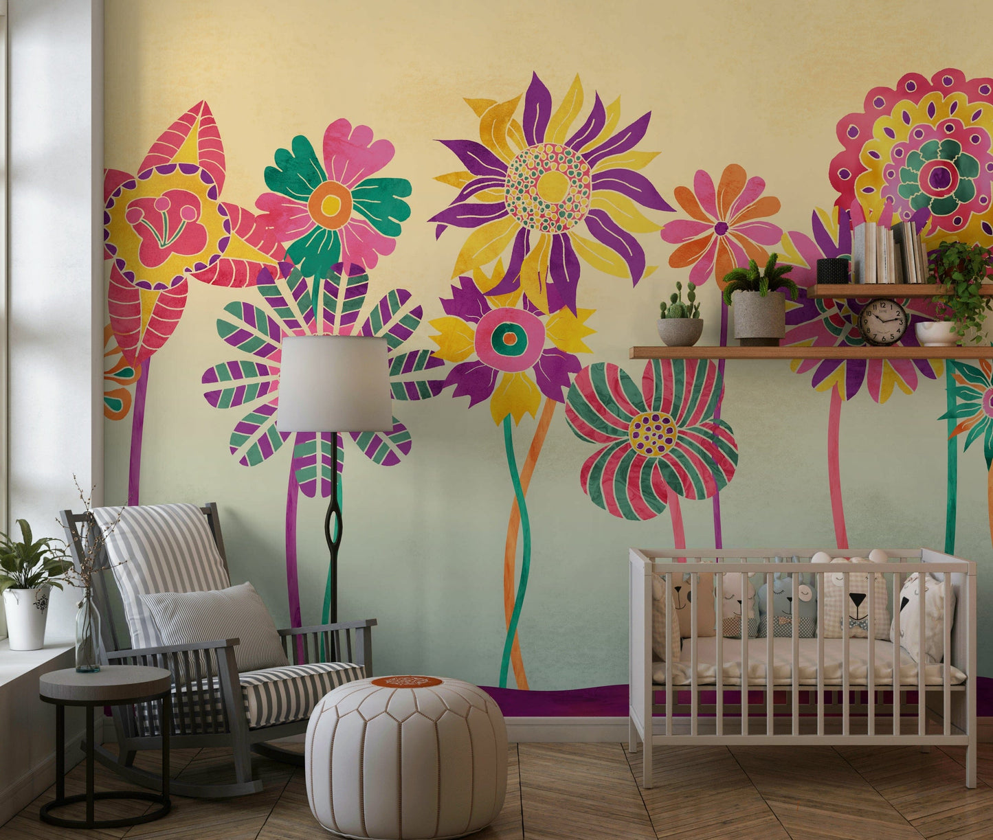 Whimsical Fantasy Flowers wallpaper mural of playful colourful blooms behind a white crib and grey rocking chair in a nursery