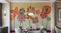 Whimsical Fantasy Flowers wallpaper mural in pink and teal behind a round dining table and grey chairs in a dining room