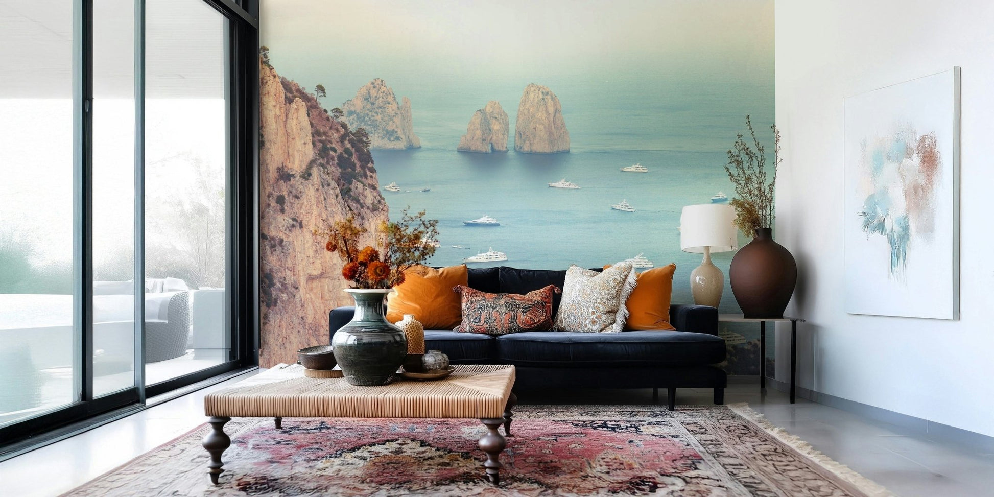 A panoramic wallpaper of the Faraglioni cliffs revealing rugged rock textures and a serene Mediterranean horizon.