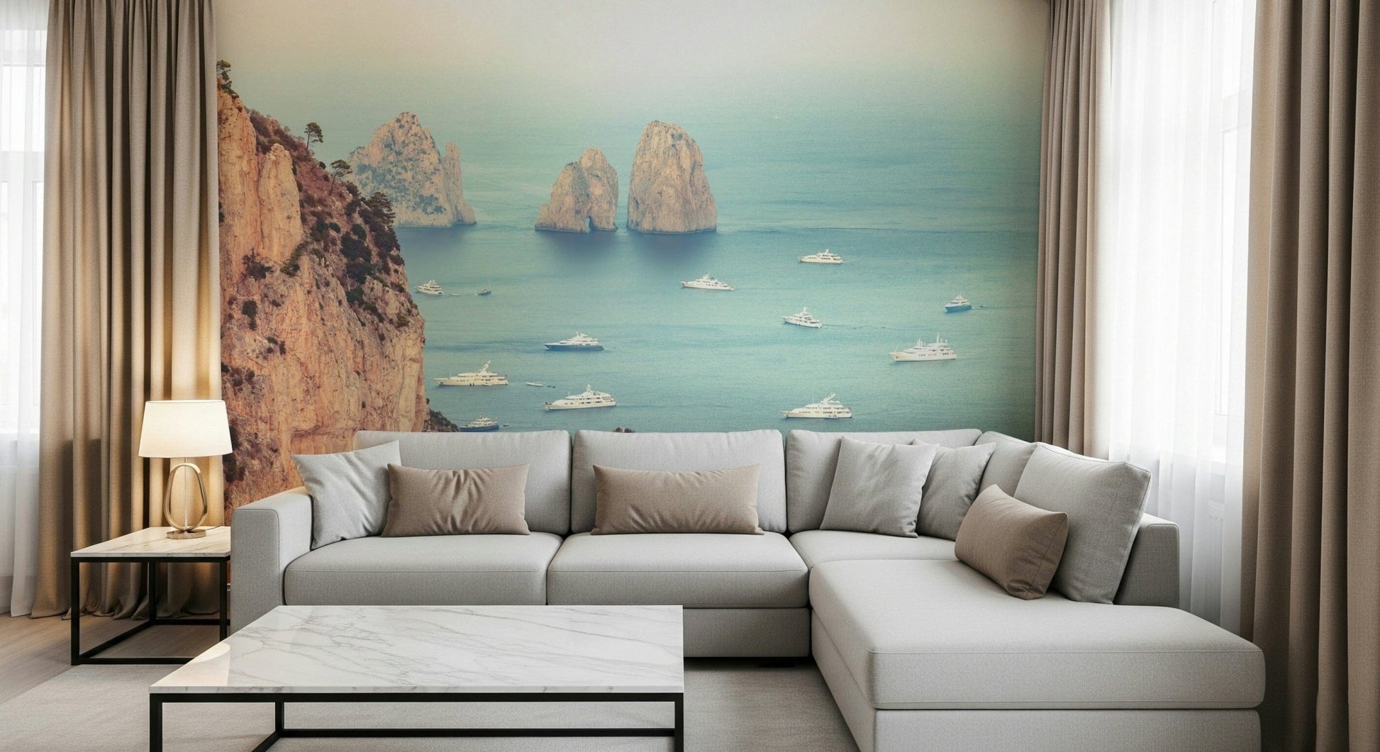 A scenic wallpaper displaying steep Faraglioni cliffs contrasted against a peaceful ocean dotted with boats.