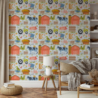 Farm Friends Fun wallpaper in a living room with a grey armchair, table lamp and rattan pouf