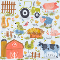 Farm Friends Fun wallpaper close-up of a red barn, green tractor, pig, cow and sheep in watercolour