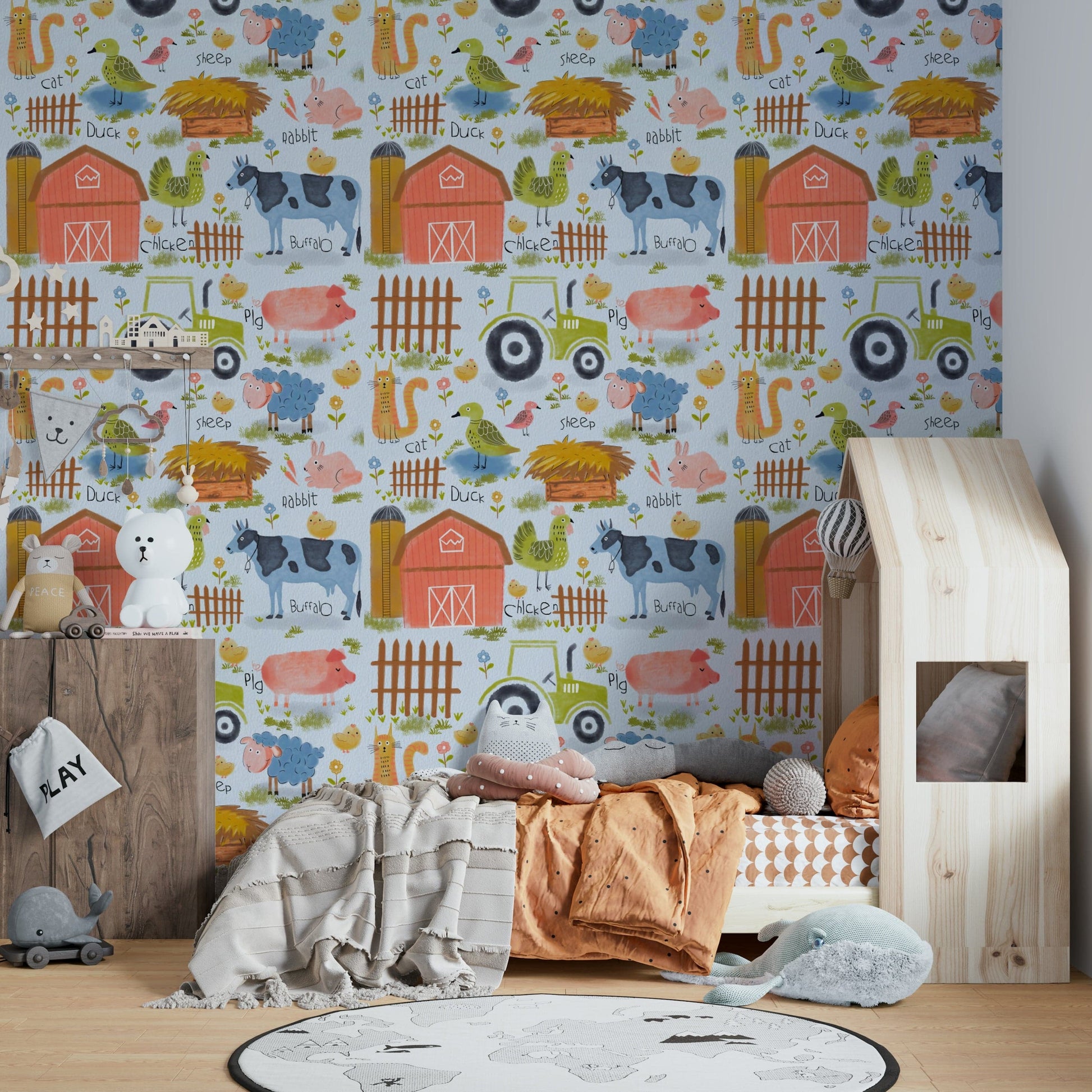 Farm Friends Fun wallpaper in a kids room with a house-frame bed, plush toys and a world map rug