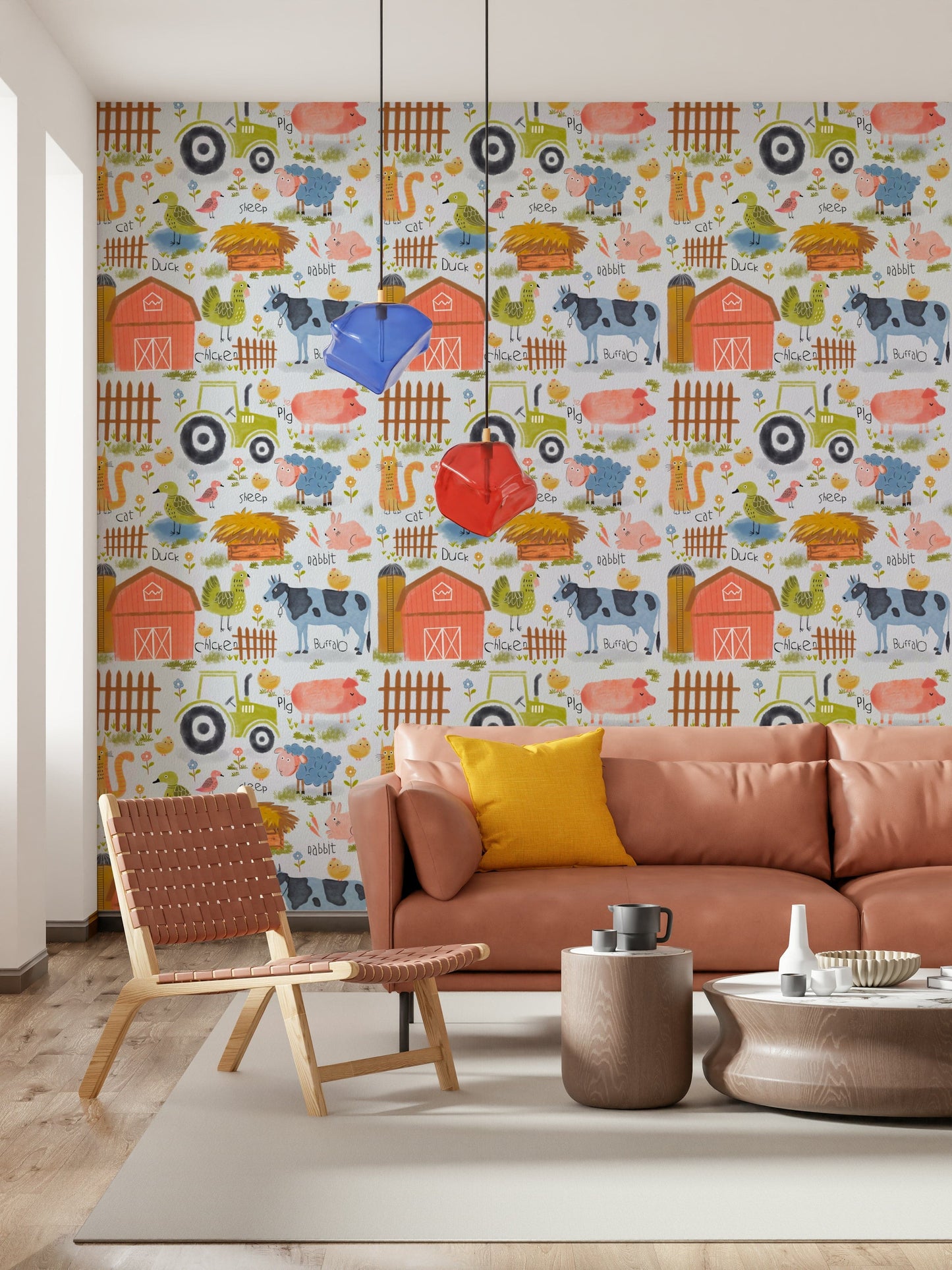 Farm Friends Fun wallpaper behind a terracotta leather sofa with a yellow cushion in a living room