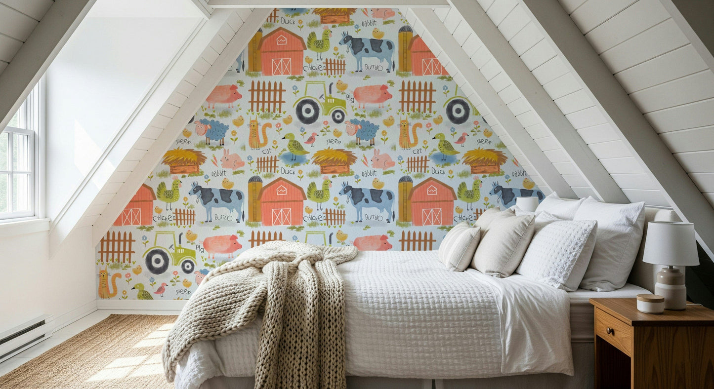 Farm Friends Fun wallpaper on an attic gable wall above a white bed with a chunky knit throw