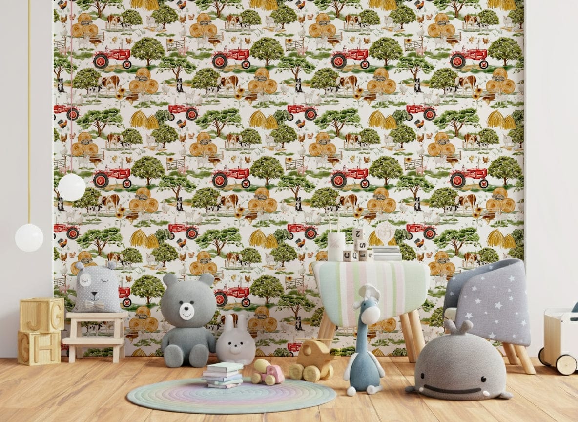 Farm Animals peel and stick paper, rustic barnyard creatures illustration.
