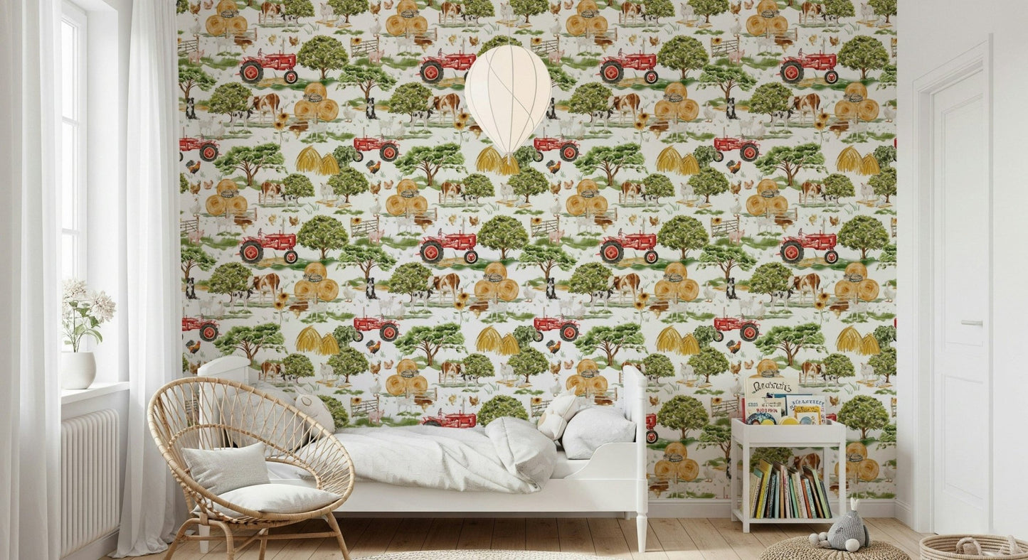 Friendly Farm Animals pattern, goats, pigs, and Border Collie dog design.