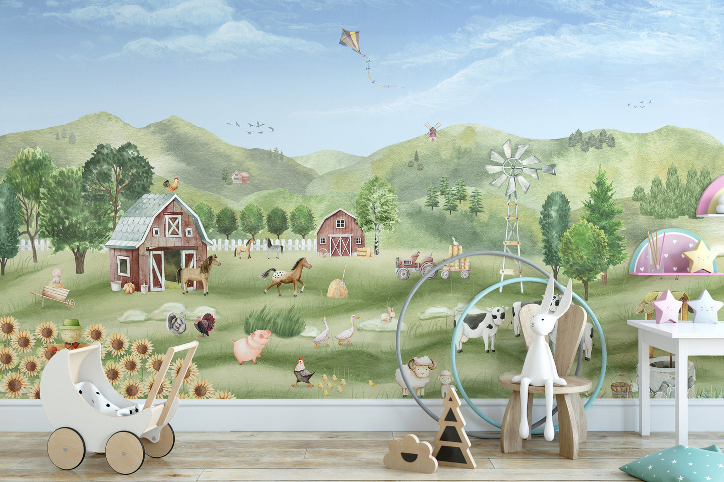 Farm Animals wallpaper with barns, sheep and a flying kite behind a wooden toy pram in a kids room