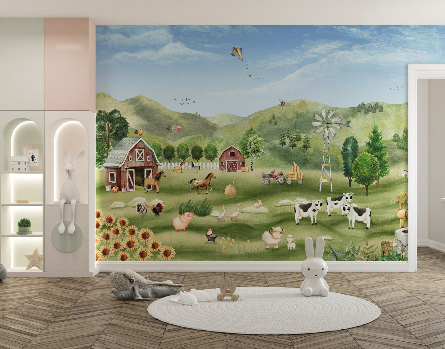 Farm Animals wallpaper with red barns, sunflowers and cows above a round rug in a bright kids playroom