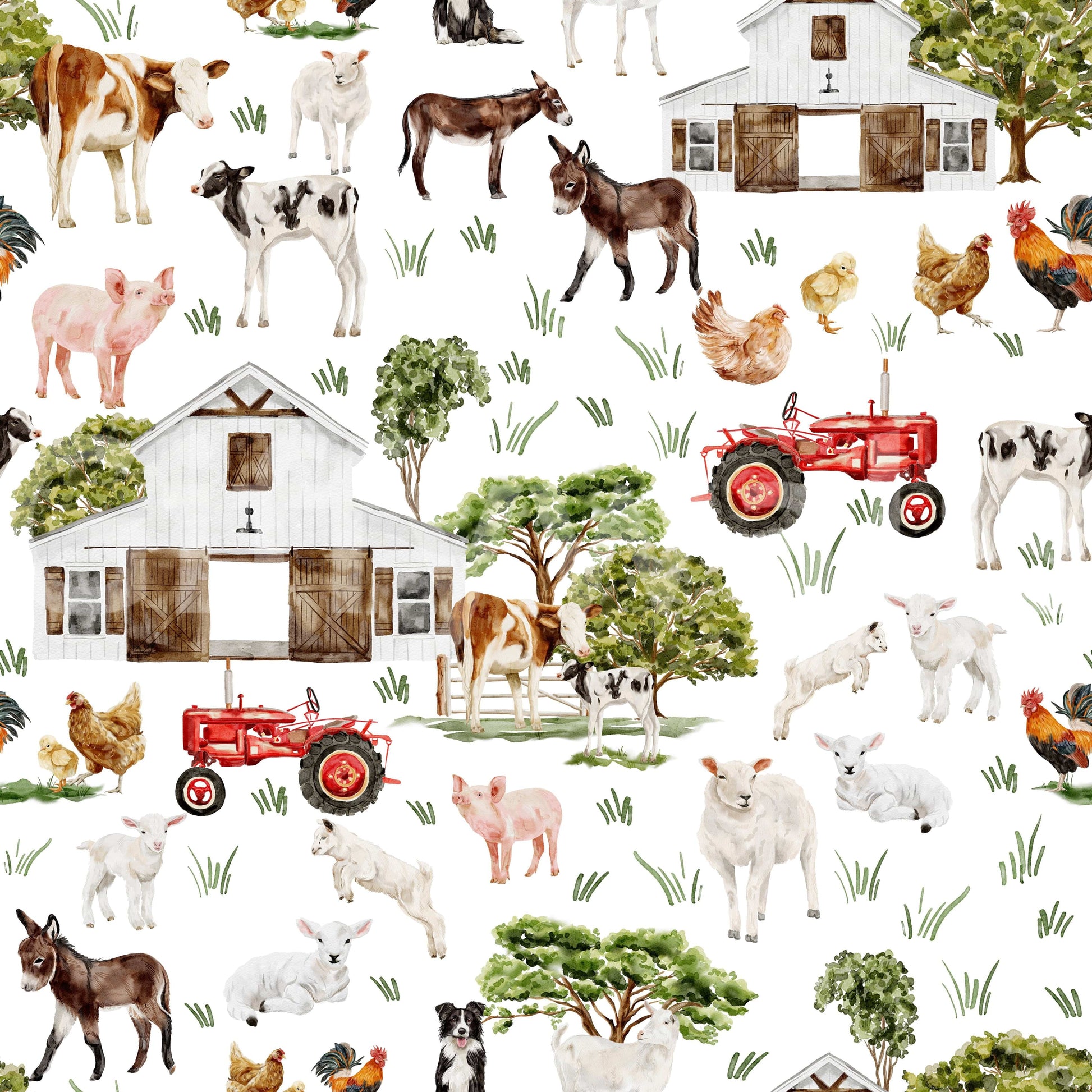 Peel and stick Watercolor Farm Life wallpaper playful farm creatures.