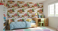 Adorable animal and barn Farm Life Watercolor wallpaper mural.