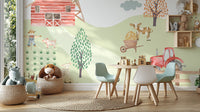 "Farmyard-inspired wallpaper mural featuring a detailed rural landscape with animals and crops.