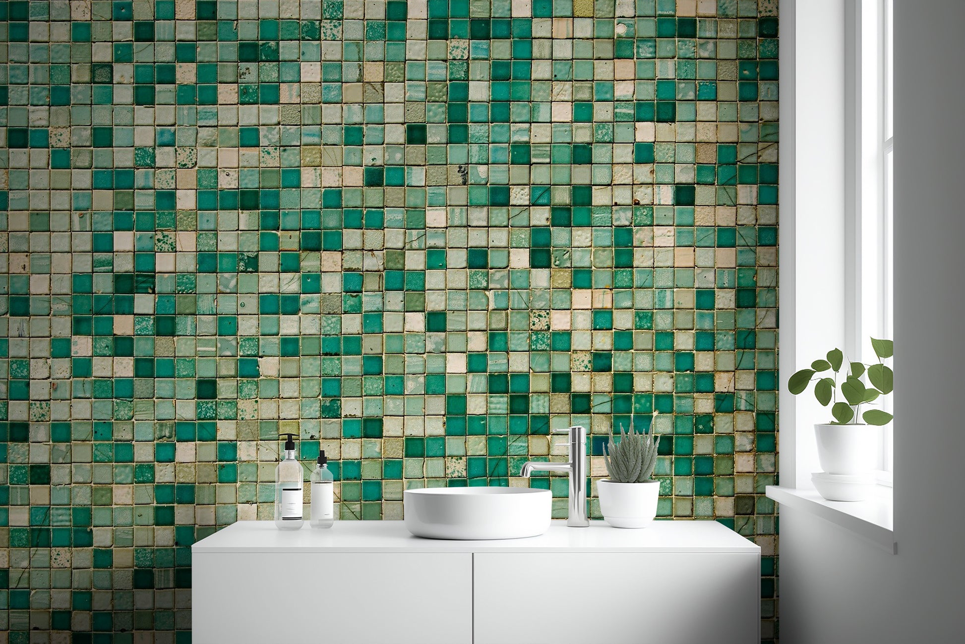 Abstract artistic wall mural with multi-colored mosaic glass fragments.