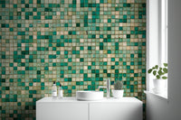 Abstract artistic wall mural with multi-colored mosaic glass fragments.