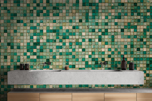 Vintage cracked glaze faux mosaic wallpaper mural in soft cream tones.