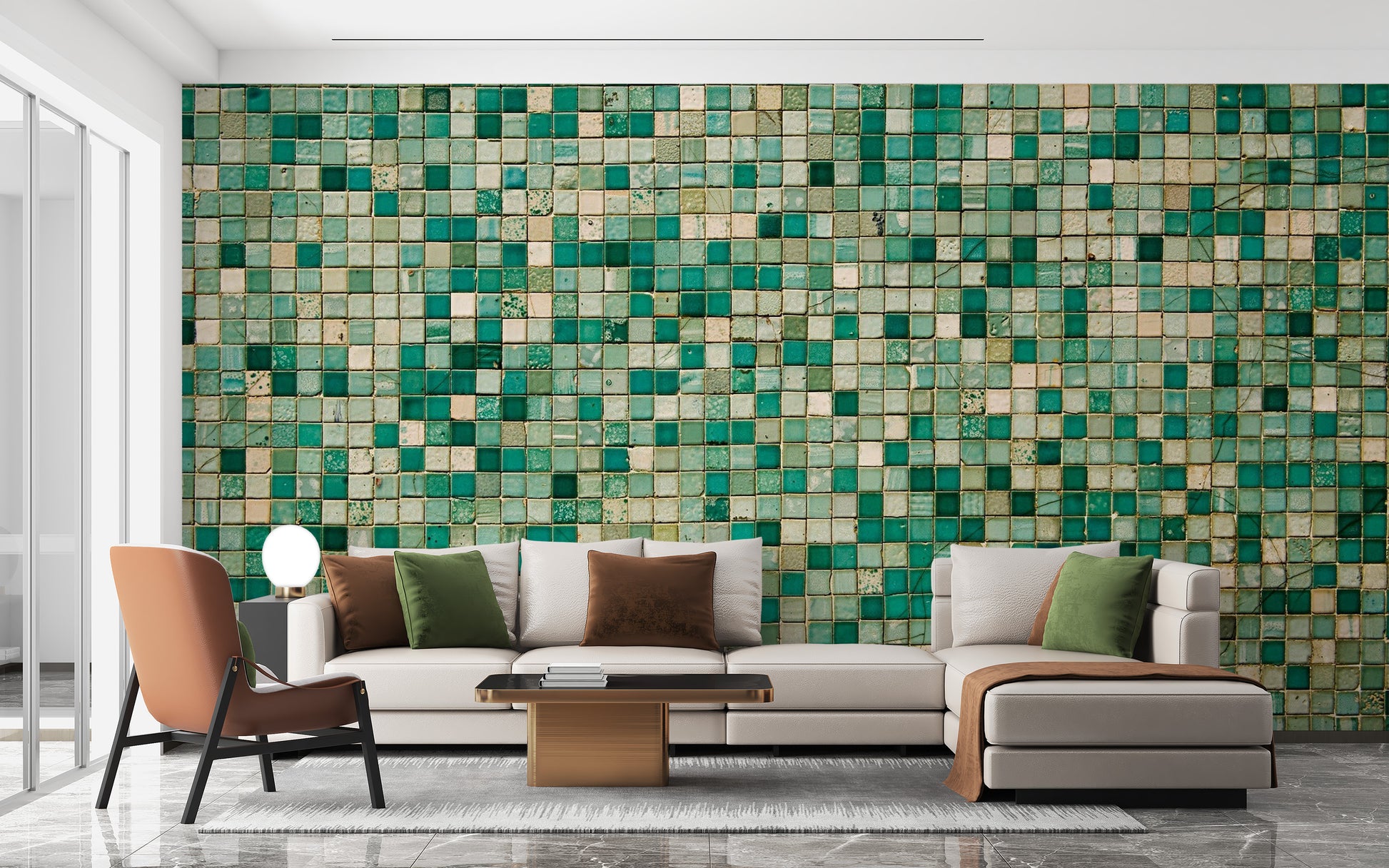 Earthy terracotta wall mural with a rustic hand-laid tile appearance.