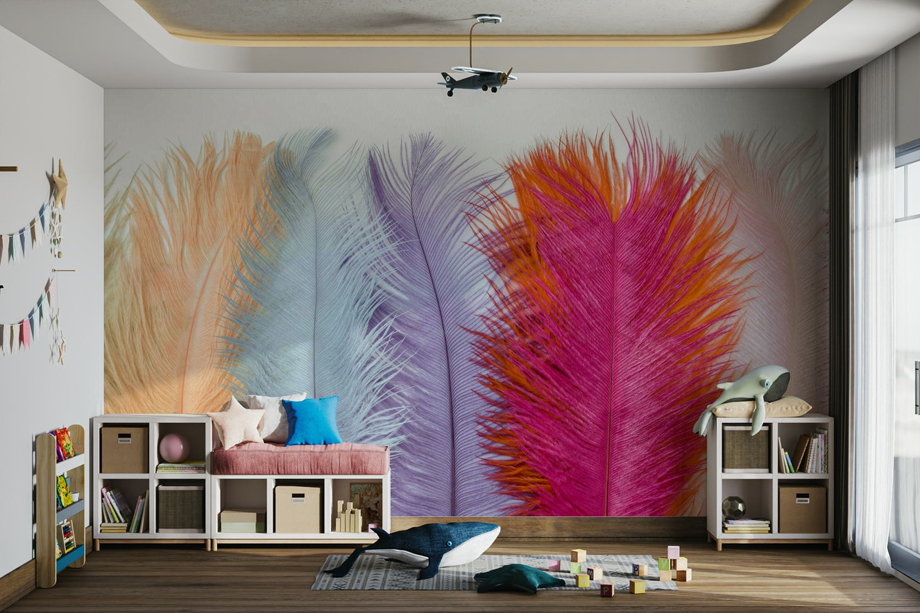 Pastel feather wall mural in soft pink, purple, and blue

