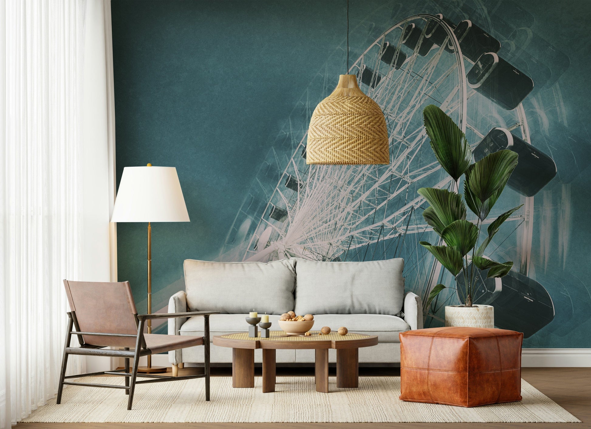 Sky-inspired mural with a Ferris wheel silhouette at sunset or twilight.