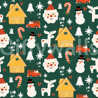 A vibrant Christmas wallpaper decorated with seasonal elements including candy canes, Santa, and snowy cabins.