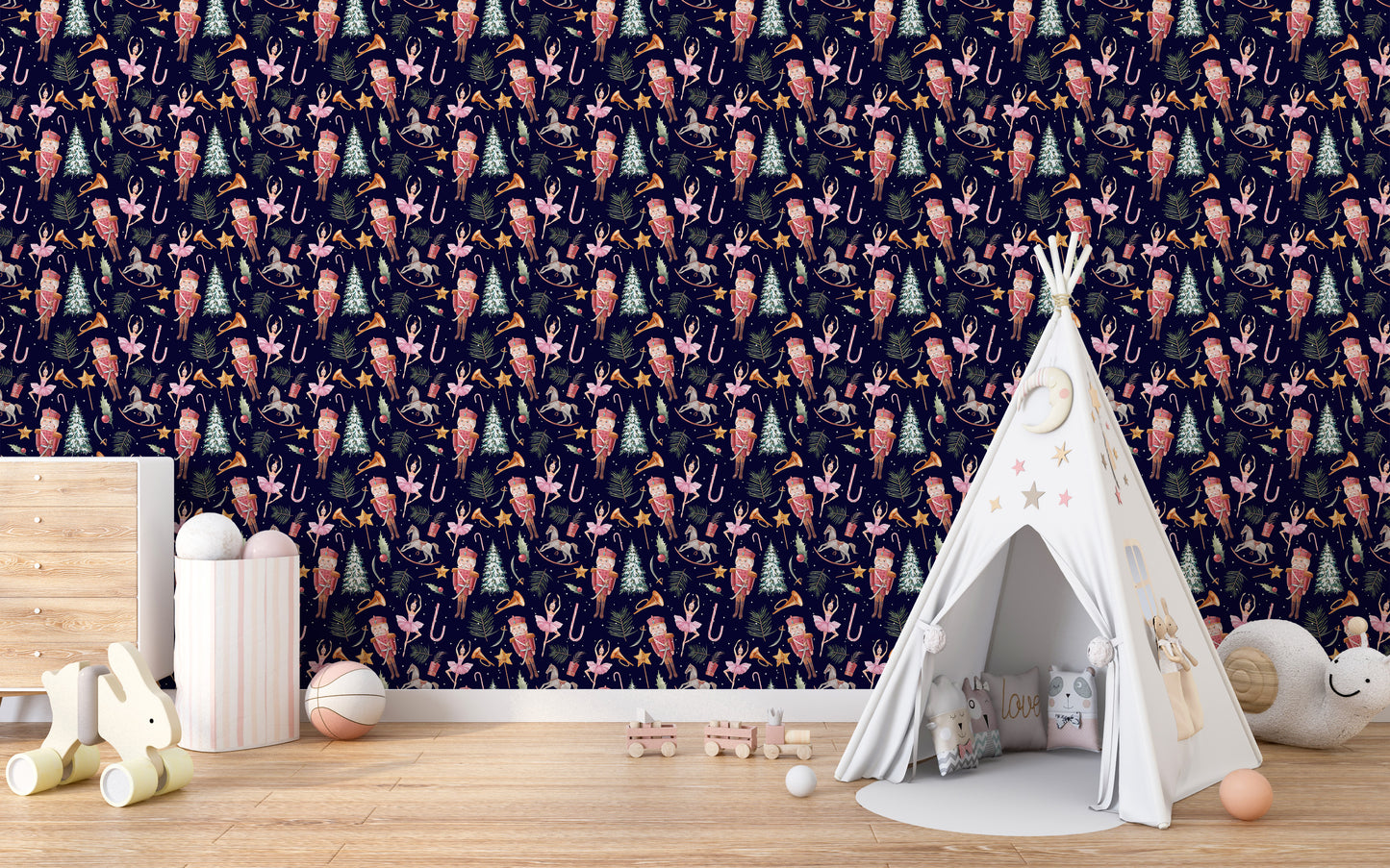 Festive dolls wall mural for kids' decor
