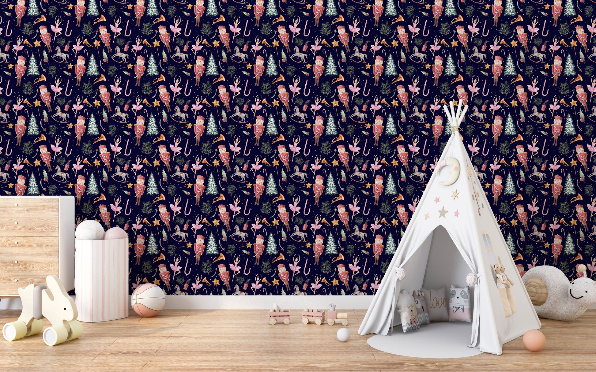 Festive dolls wall mural for kids' decor
