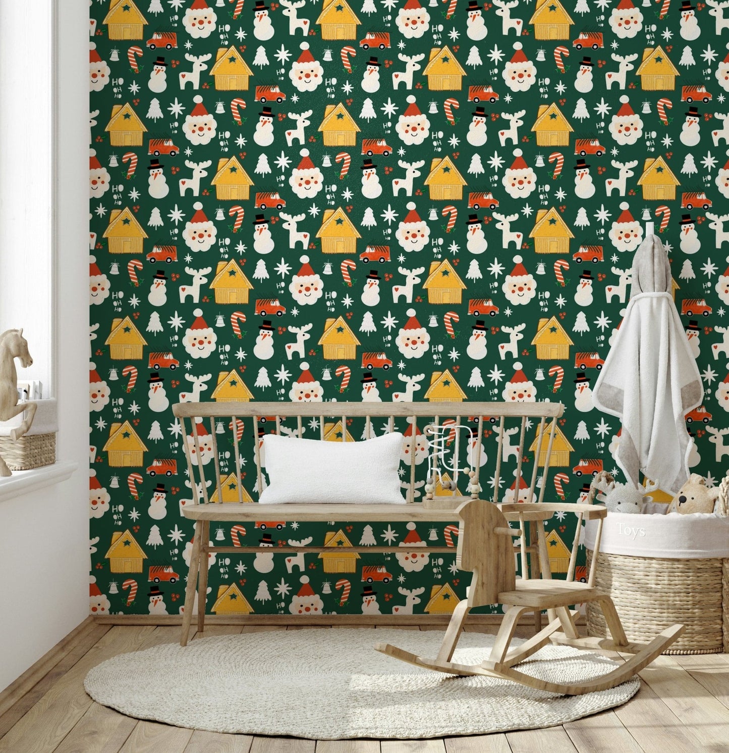 A charming Christmas wallpaper showcasing repeating winter motifs including Santa, trees, and reindeer.