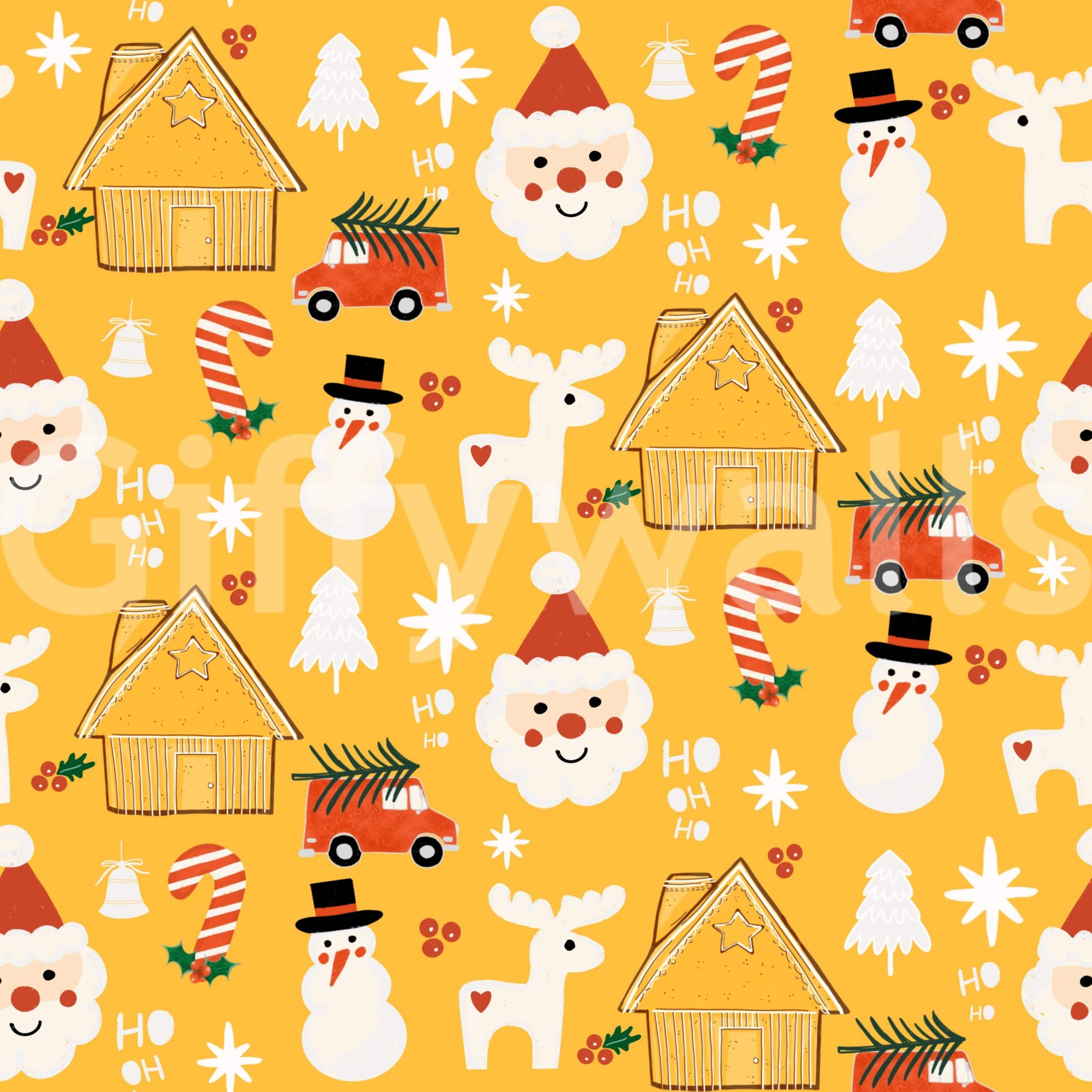 A festive Christmas wallpaper with whimsical characters and cozy cabins on a bright yellow backdrop.
