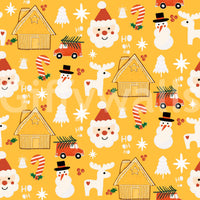 A festive Christmas wallpaper with whimsical characters and cozy cabins on a bright yellow backdrop.