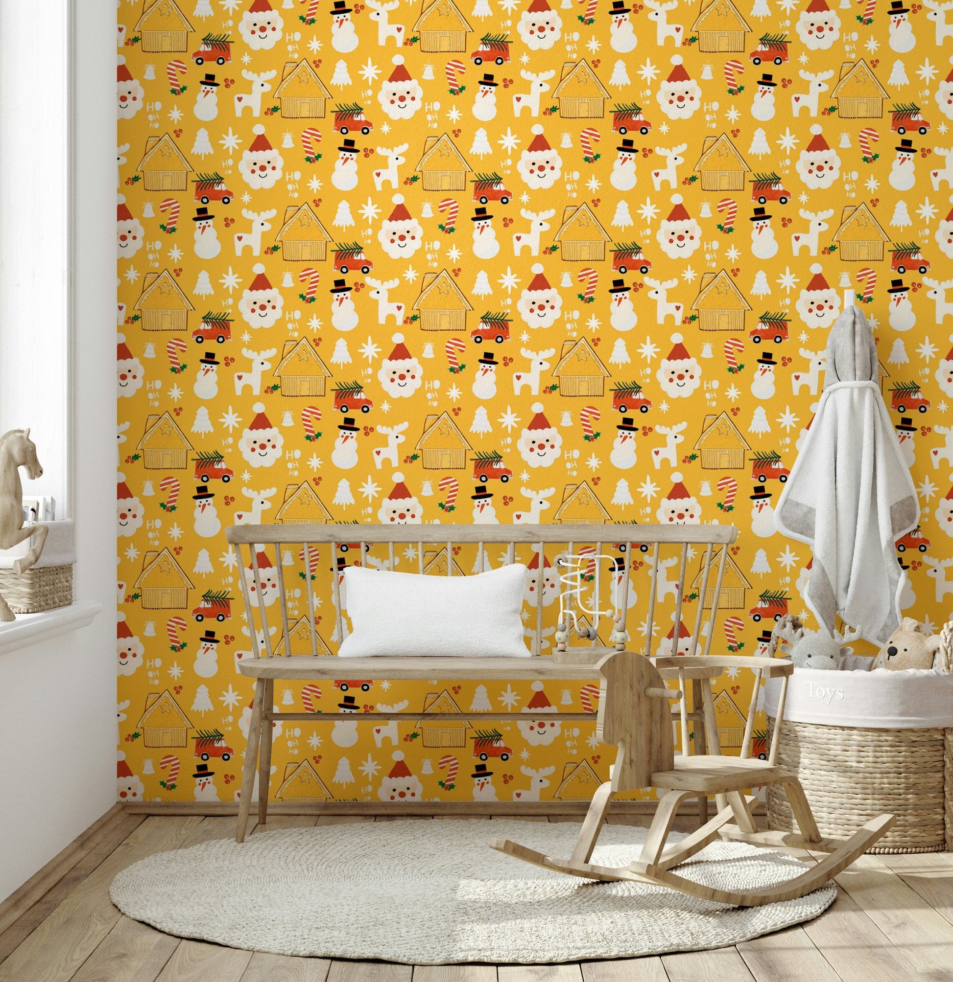 A warm yellow wallpaper decorated with retro-style Santa faces, reindeer, and holiday cabins.