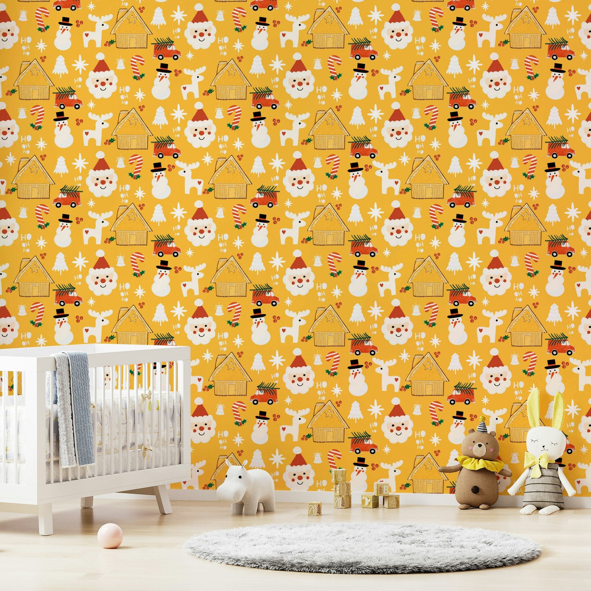 Whimsical holiday icons arranged in a repeating pattern bring charm and color to this festive wallpaper.
