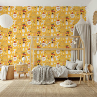 A lively holiday wallpaper with repeating Santas, snowflakes, candy canes, and winter icons in warm tones.