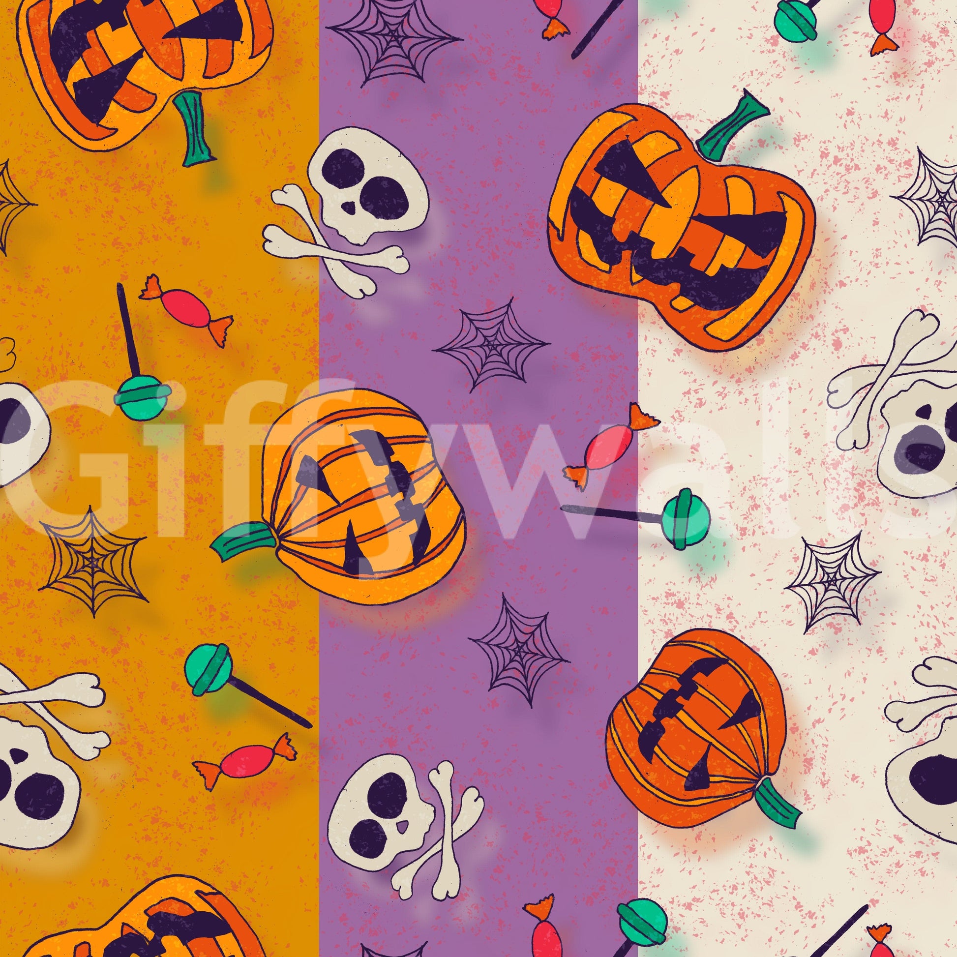 Playful holiday pattern with candy and pumpkins for a nursery.