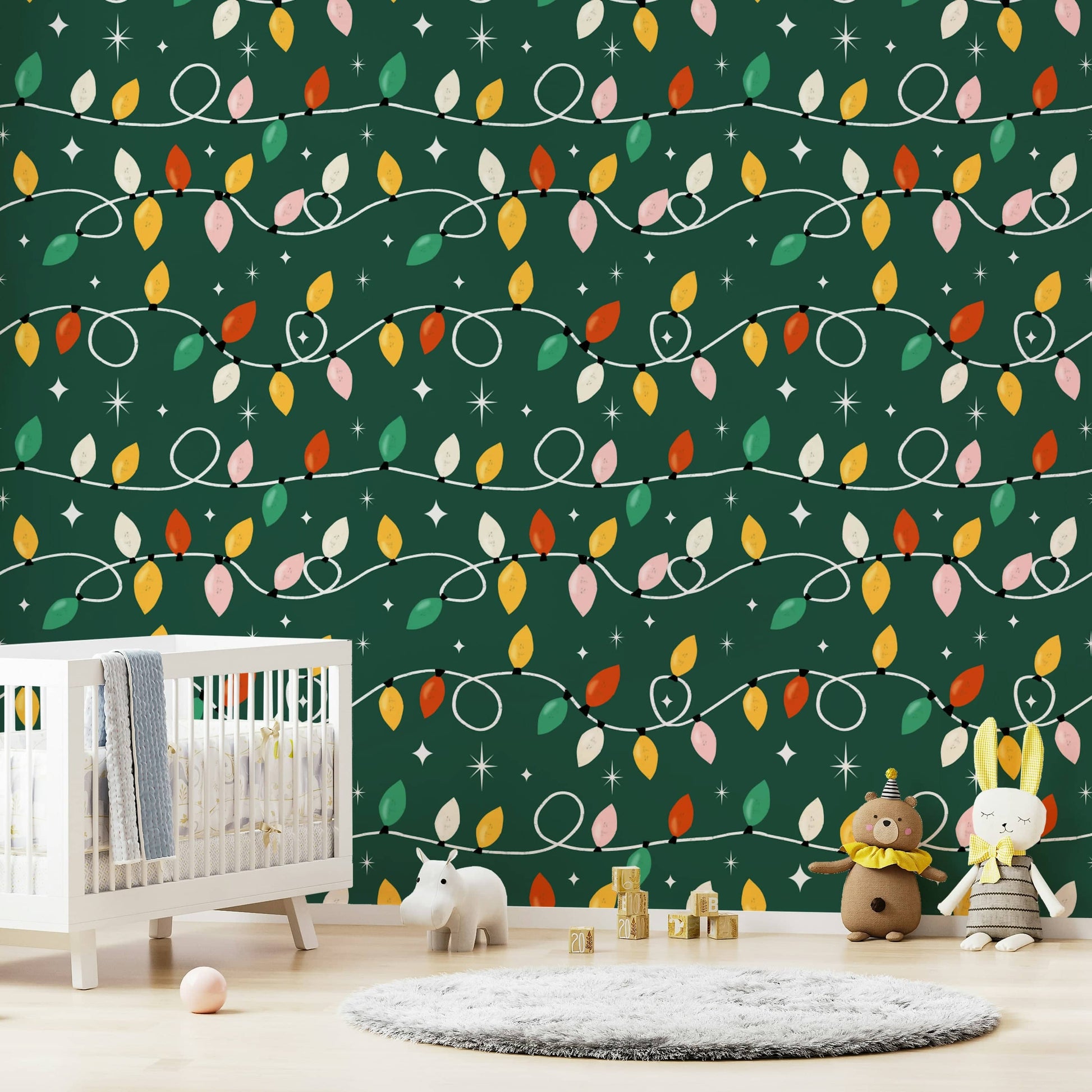 A charming Christmas wallpaper with looping strings of colorful retro-style lights.