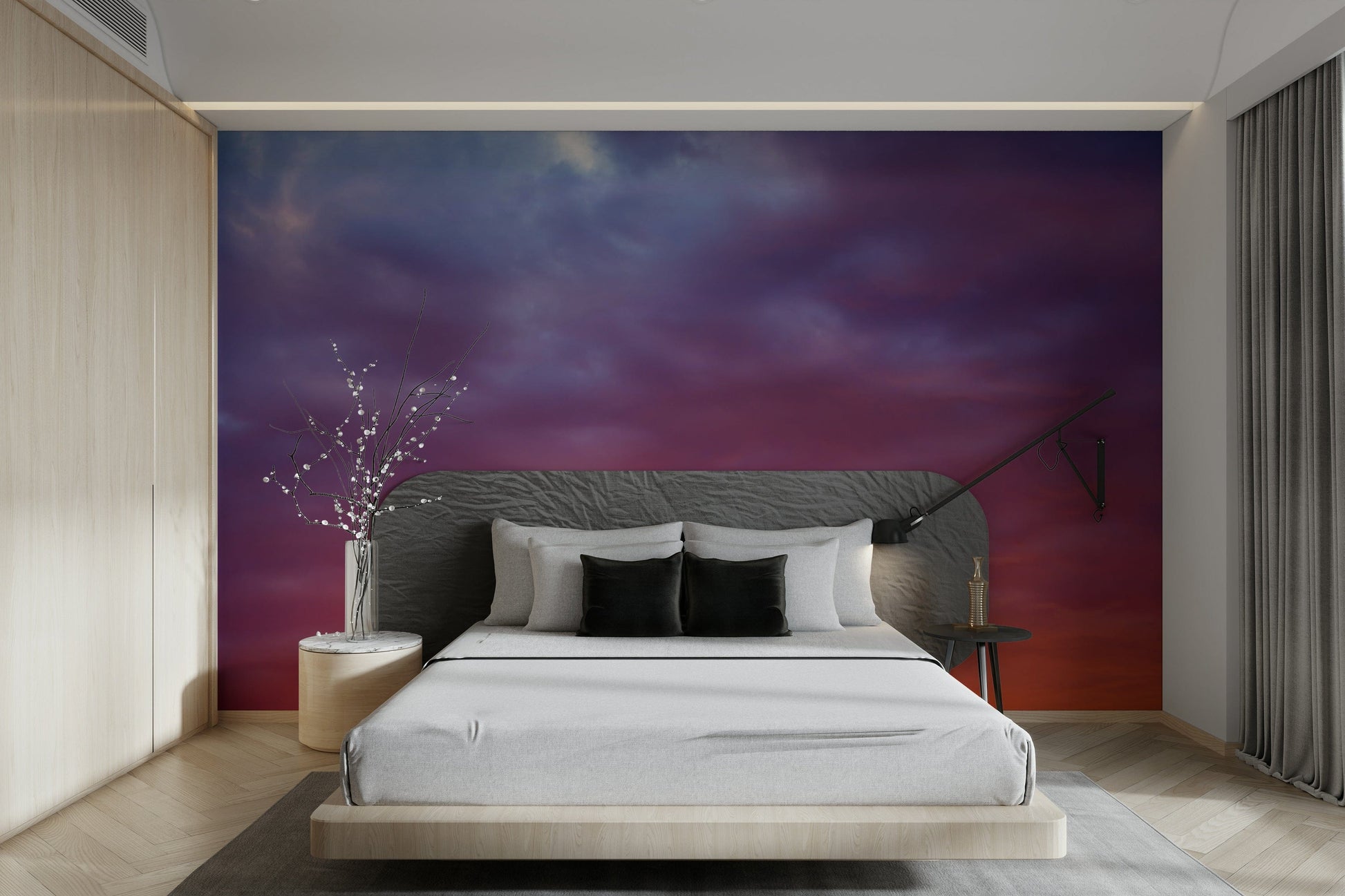 A living room featuring the sunset wall mural.