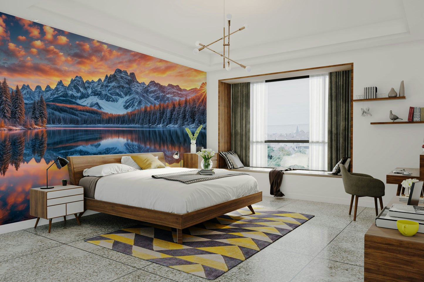 The wallpaper is installed in a formal, elegant living room.

