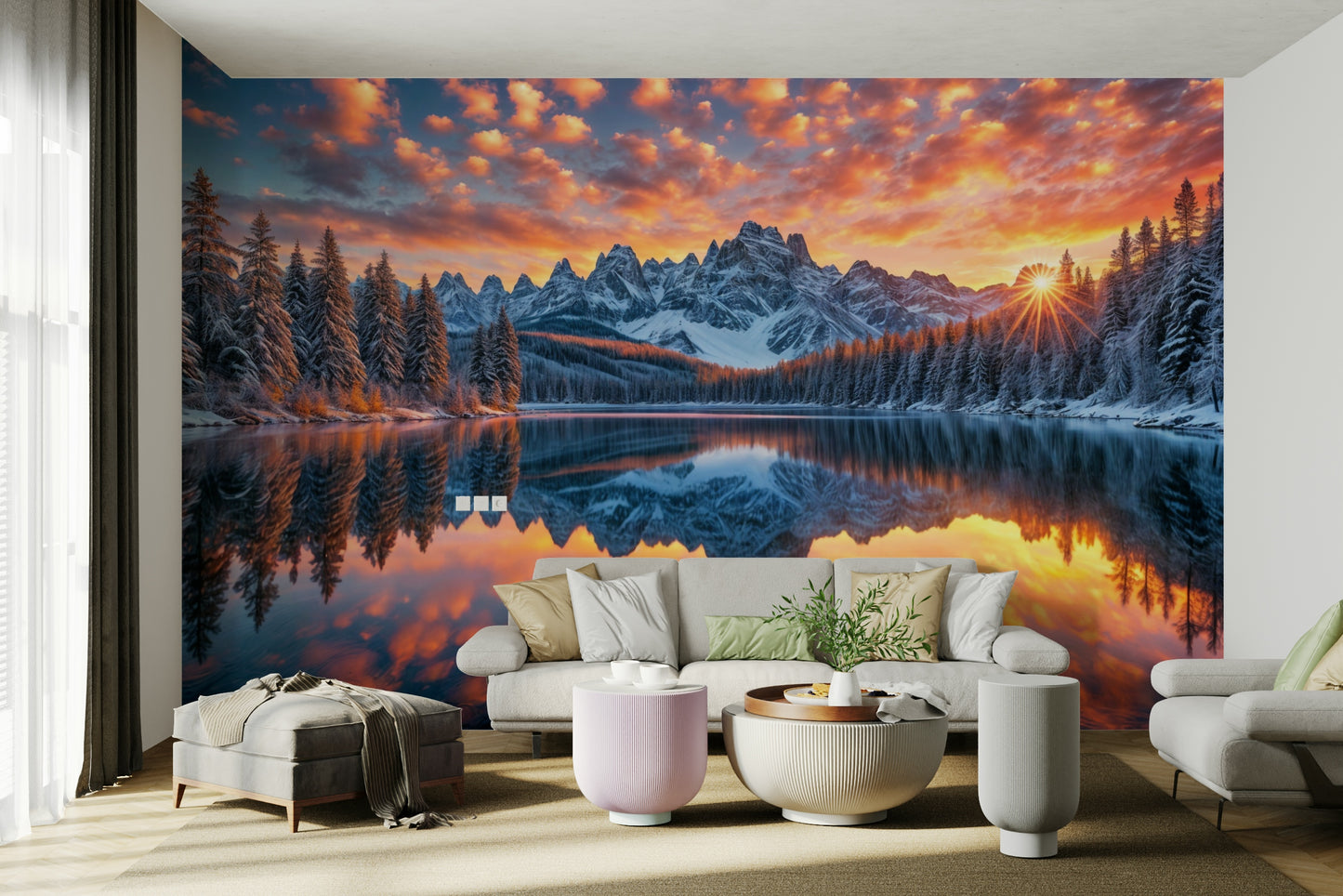 The image shows a peaceful winter forest with a reflective body of water.

