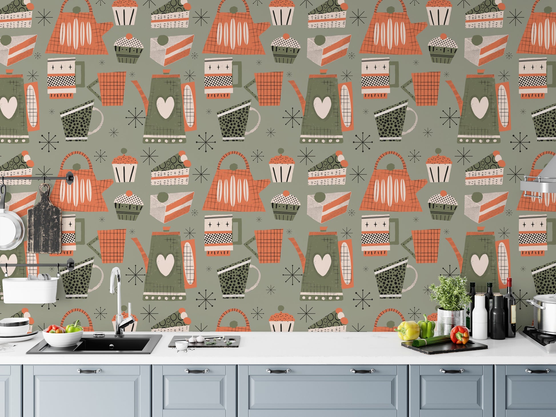 Coffee murals with cakes and kettle patterns
