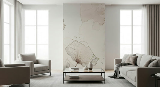 Fine Ink Wash Flowers wallpaper mural showing a single soft sepia bloom in a bright minimalist living room with grey sofa