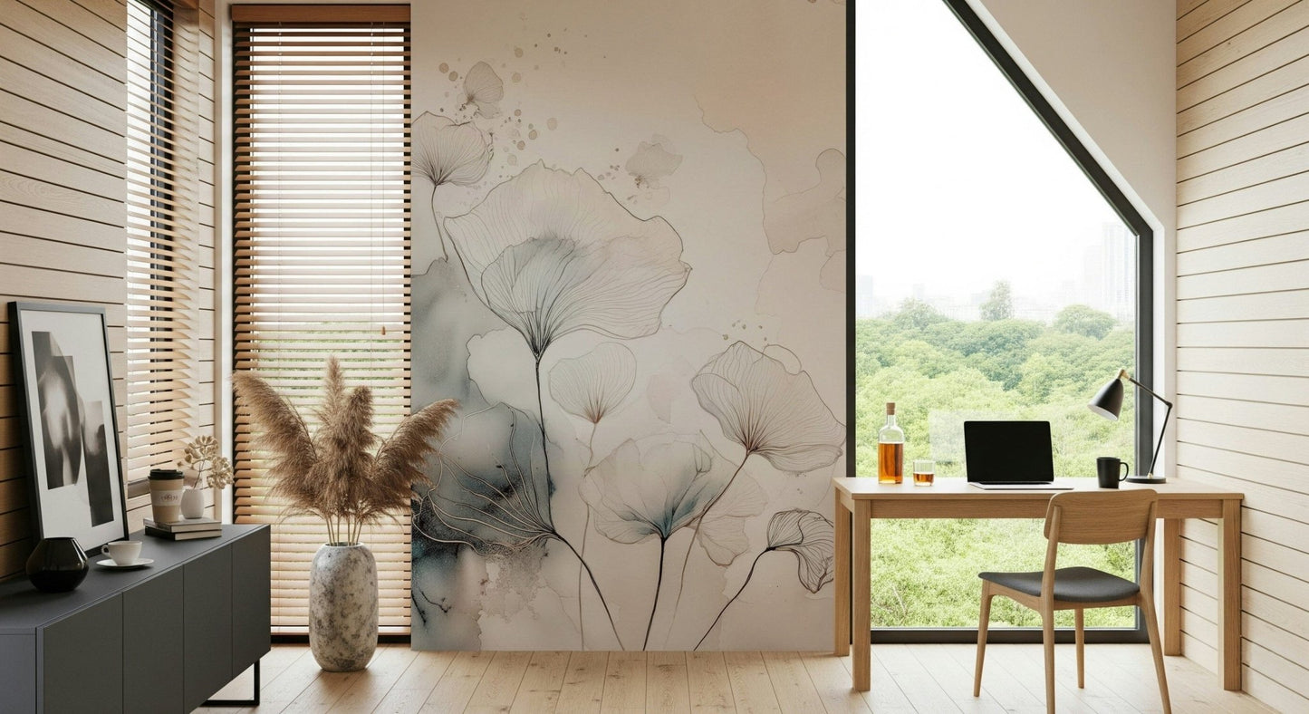 Fine Ink Wash Flowers Wall Mural
