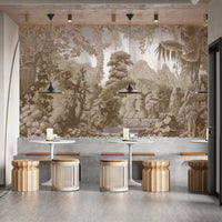 Exotic forest mural in sepia hues
