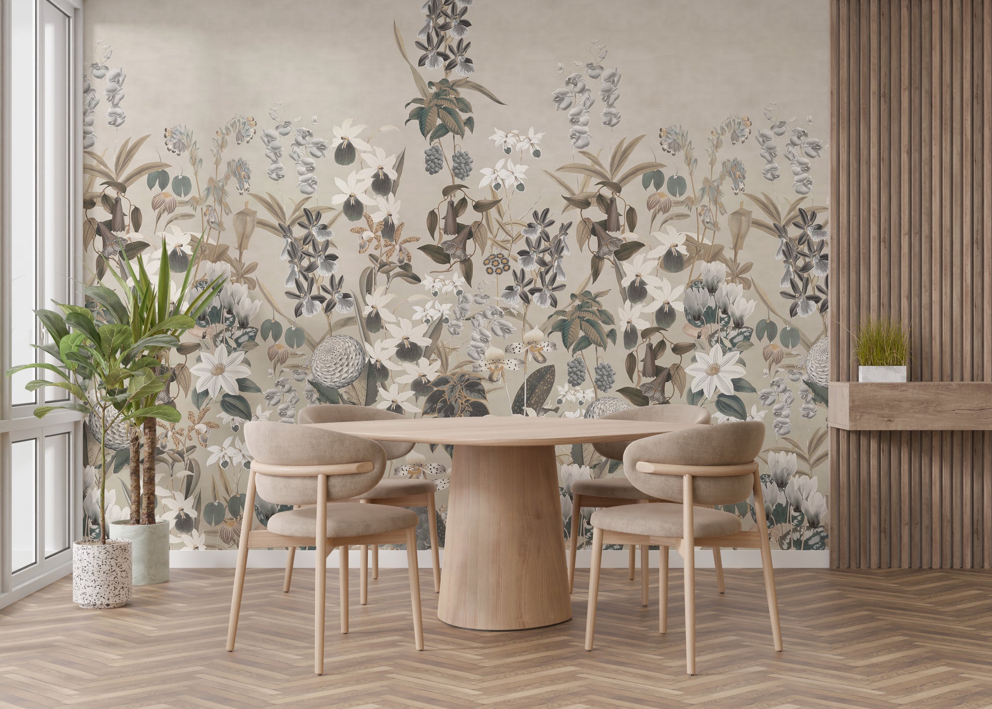 Vintage Bloom wallpaper with beige botanical florals and white lilies behind a round wood dining table and chairs